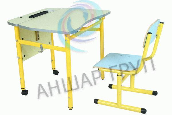 Комплект стіл 6-кутний мобільний з регулюванням кута нахилу стільниці, №3-5 + стілець Т-подібний на круглій трубі, ростові групи №2-5, з покриттям HPL