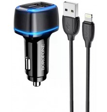 АЗП BOROFONE BZ14A USB+USB-C 20W + Type-C to Lightning cable Black