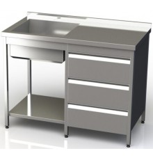Стіл-тумба нержавіюча з мийкою, шухлядами та поличкою